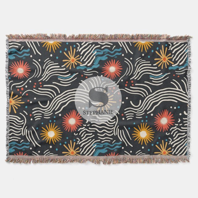 Cobertor Ondas Florais de Abstrato vibrantes em preto (Frente)