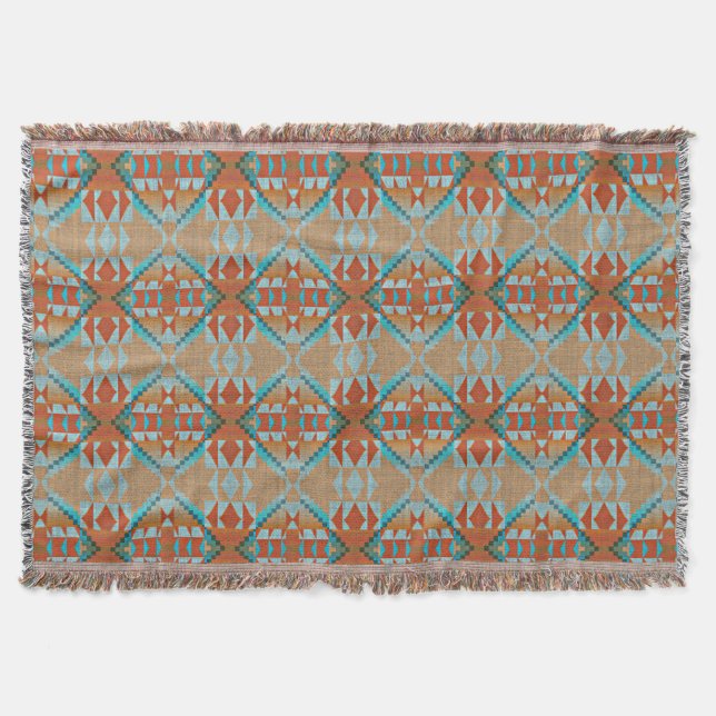 Cobertor Orange Brown Aqua Turquoise Blue Arte Tribal (Frente)
