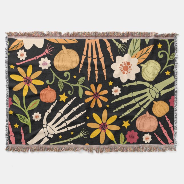 Cobertor Ossos de Halloween, padrão floral uniforme. (Frente)