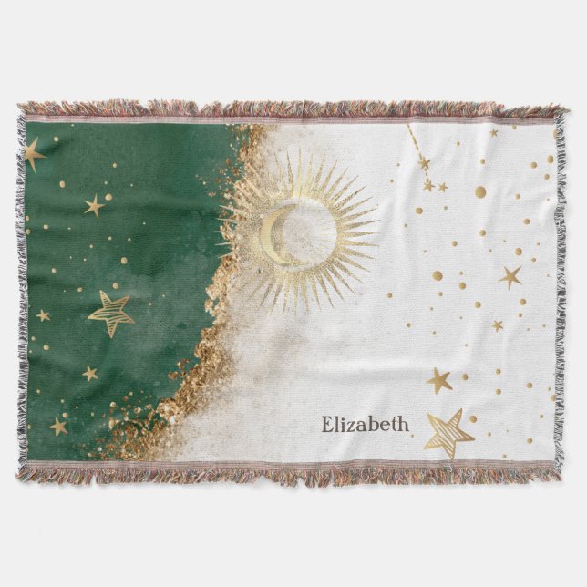 Cobertor Ouro Celestial Sol e Lua Estrelas Verde (Frente)