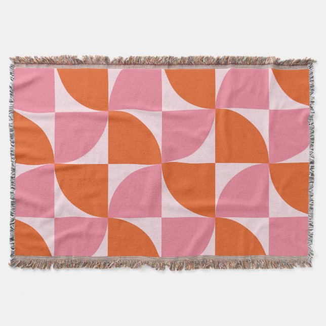 Cobertor Padrão Abstrato Laranja e Rosa de Meados do Século (Frente)