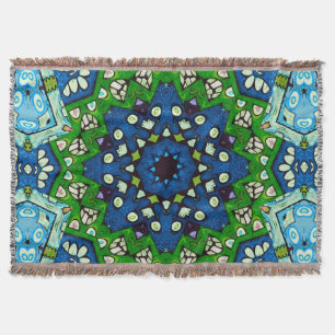 Cobertor Padrão Azul Verde-Mosaico Mandala Retro