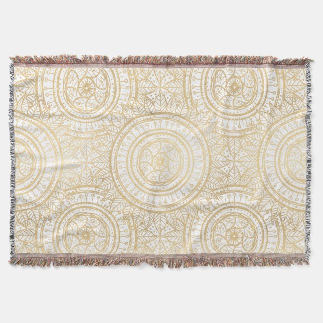 Cobertor Padrão Branco Elegante Dourado de Mandala Girassol (Frente)