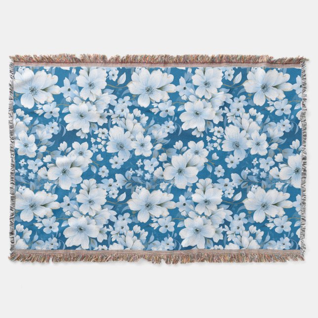 Cobertor padrão das flores brancas, fundo azul, (Frente)