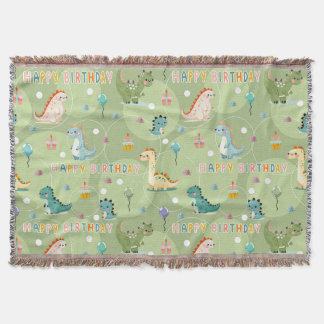 Cobertor Padrão de aniversário verde com uma festa de dinos