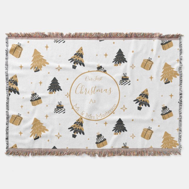Cobertor Padrão de Árvore de Natal Preto Dourado Personaliz (Frente)
