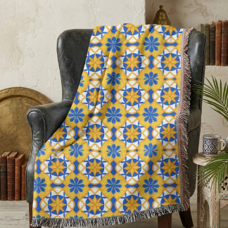 Cobertor Padrão de Azulejo Marroquino Azul Mediterrâneo Ama
