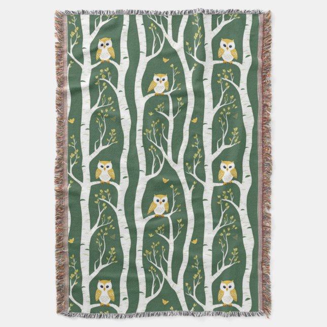 Cobertor Padrão de coruja branca e árvore de aves (Frente Vertical)