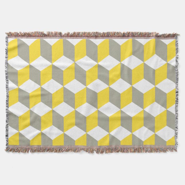 Cobertor Padrão de Cubo Isométrico Cinza e Branco Mostarda (Frente)