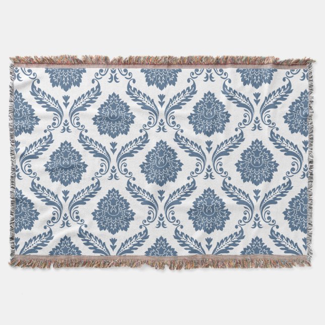 Cobertor Padrão de Damasco Rococó Azul sobre Branco (Frente)
