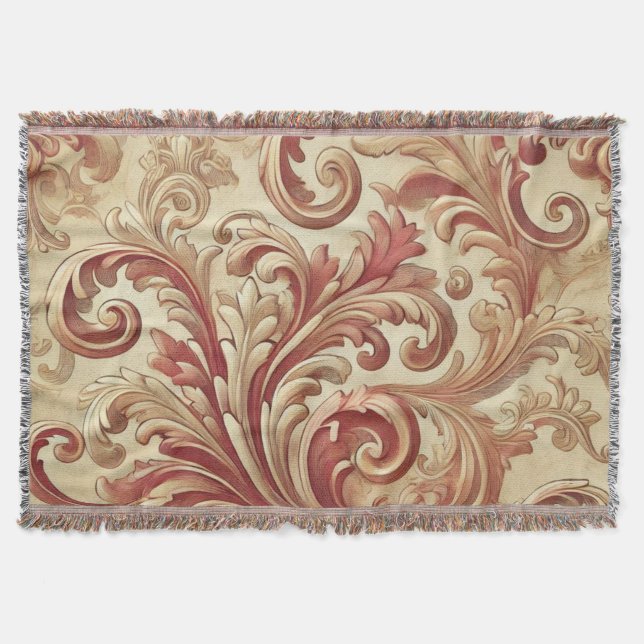 Cobertor Padrão de Damasco Vermelho Suave e Dourado (Frente)