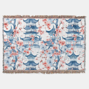 Cobertor Padrão de Flor de Cerejeira de Pagode Chinesa Azul