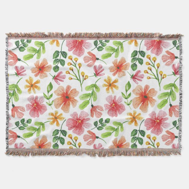 Cobertor Padrão de Flores Rosa em Aquarela (Frente)