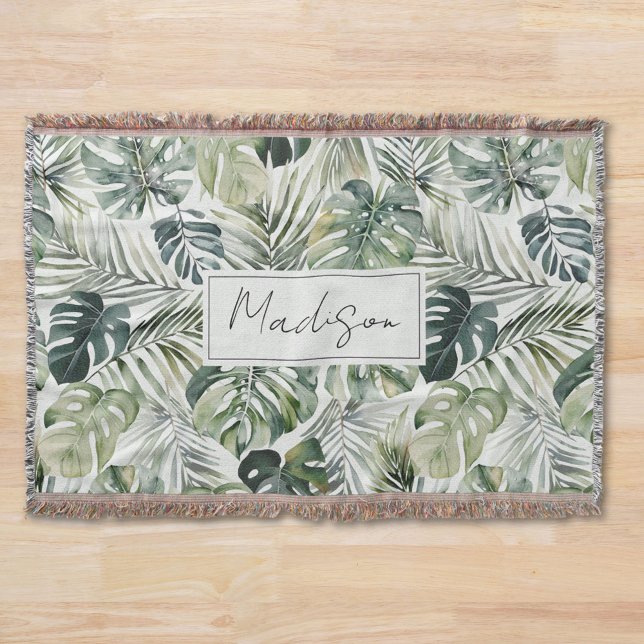 Cobertor Padrão de Folhas Tropicais Verde de Aquarela (In situ)