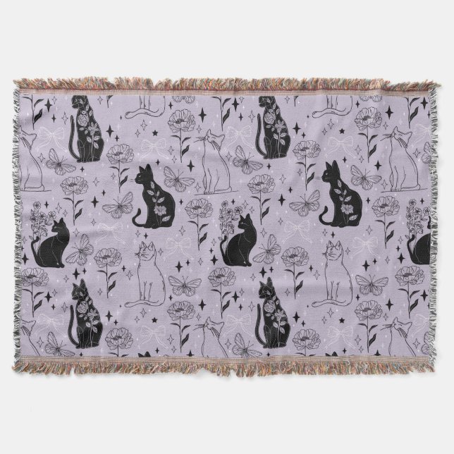 Cobertor Padrão de Gato Preto Místico e Borboleta | Witchy (Frente)