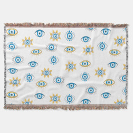 Cobertor Padrão de Mati do Olho Grego Azul, Dourado e Branc