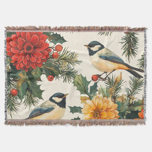 Cobertor Padrão de Natal Rustic Bird and Poinsettia (9) (Frente)