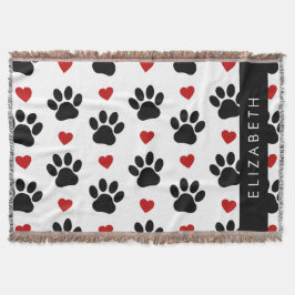 Cobertor Padrão De Patas, Patas Negras, Corações Vermelhos,