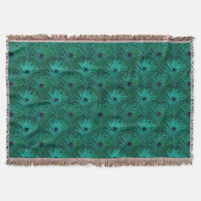 Cobertor Padrão de Penas de Pavão Azul-Verde (Frente)