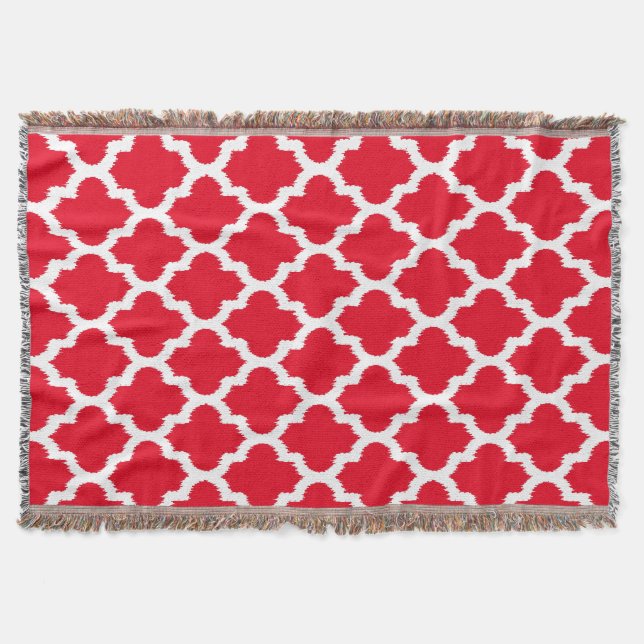 Cobertor Padrão de Quatrefoil de Ikat Vermelho e Branco (Frente)