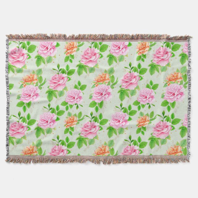 Cobertor Padrão de Rosas Florais Elegantes com Folhas-23670 (Frente)