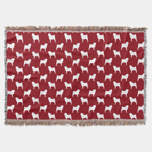 Cobertor Padrão de Silhuetas de Pug Vermelho e Branco (Frente)