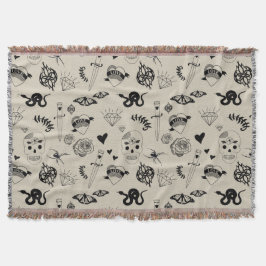 Cobertor Padrão de Tatuagem Desenhada à Mão Preta e bege