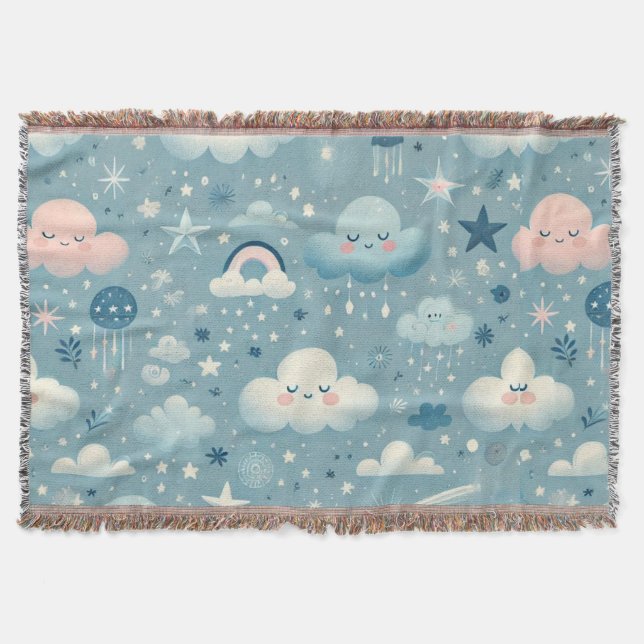 Cobertor Padrão do Céu Whimsical com Nuvens, Estrelas - Azu (Frente)