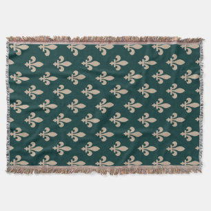 Cobertor Padrão Flor de Lis, Creme Real Francês sobre Verde