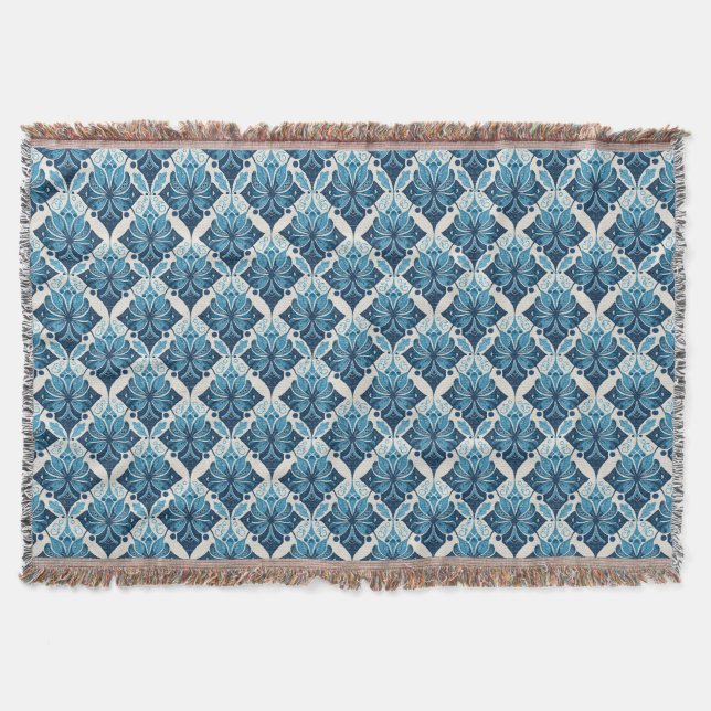 Cobertor Padrão Floral Boho Elegante em Azul (Frente)