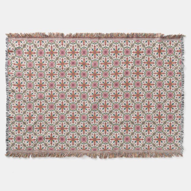 Cobertor Padrão Floral Boho em Vermelho, Rosa e Turquesa (Frente)