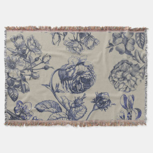 Cobertor Padrão Floral Botânico Toile Azul Vintage Antigo