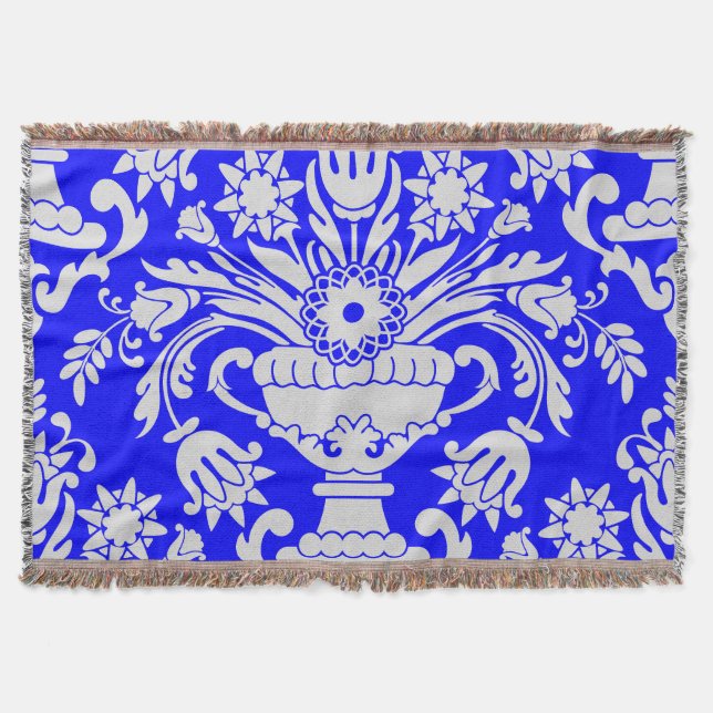 Cobertor Padrão Floral do Damasco Azul e Branco Elegante (Frente)