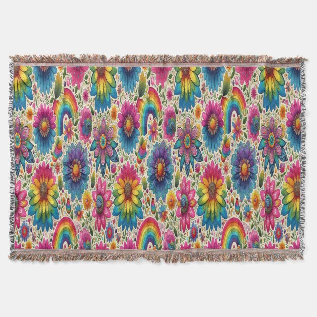Cobertor Padrão Floral Hippie Arco-Íris Retrô (Frente)