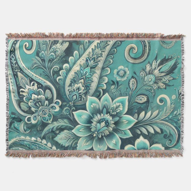 Cobertor Padrão Floral Paisley Turquesa (Frente)