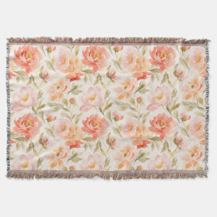 Cobertor Padrão Floral Peônia Rosa Coral em Aquarela