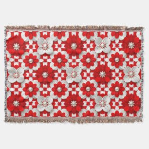 Cobertor Padrão Floral Vibrante em Vermelho e Branco com Pé