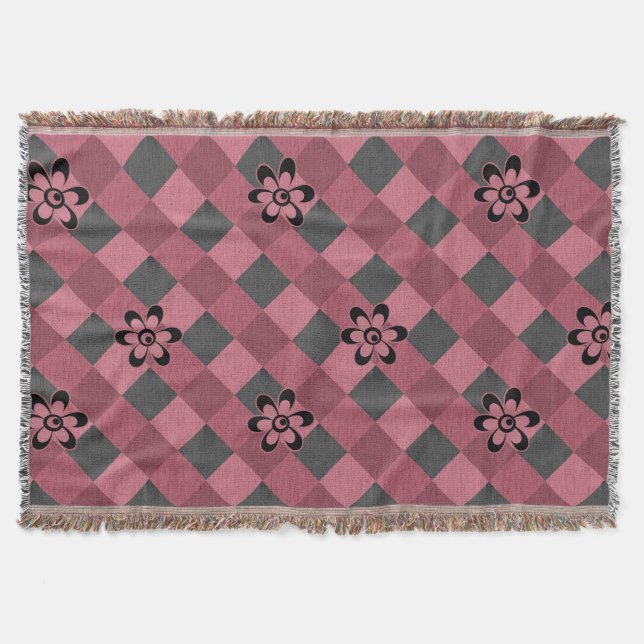 Cobertor Padrão geométrico rosa-cinza com flores (Frente)