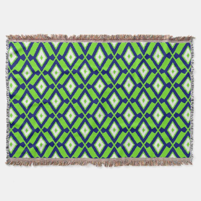 Cobertor Padrão Ikat - Verde, Azul Indigo e Branco (Frente)