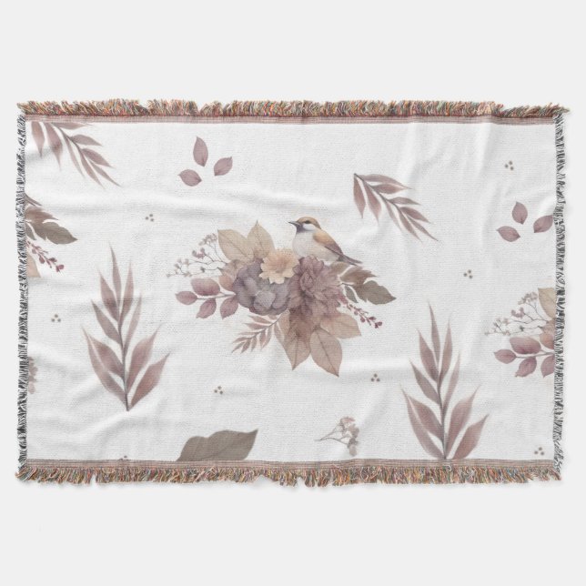 Cobertor Padrão Neutro de Aves de Outono Sem Costura (Frente)