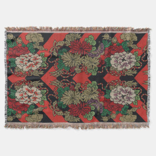 Cobertor Padrão Preto Vermelho Peônia Floral Japonês Vintag