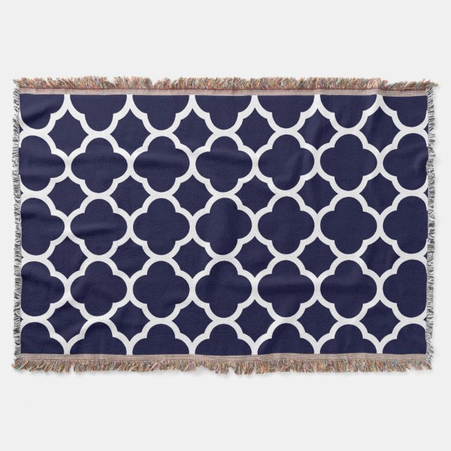 Cobertor Padrão Quatrefoil Azul Marinho e Branco (Frente)