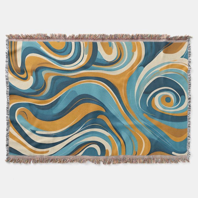 Cobertor Padrão Trippy Azul Ócre Remoinho Líquido (Frente)