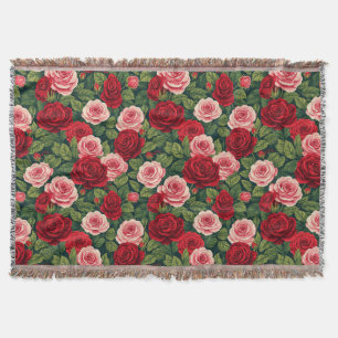 Cobertor Padrão Vibrante de Rosa com Rosas Vermelhas e Rosa