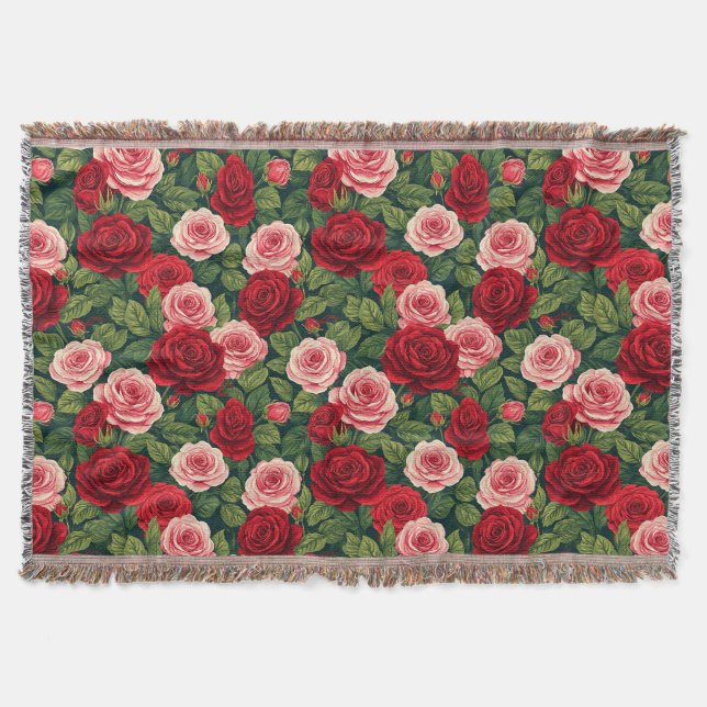 Cobertor Padrão Vibrante de Rosa com Rosas Vermelhas e Rosa (Frente)