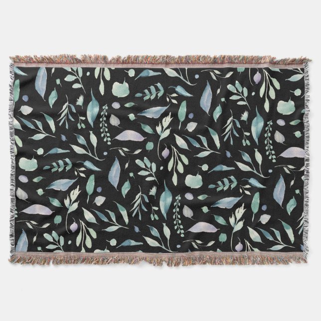 Cobertor Padrões de Folha Botânica Tradicional em Preto (Frente)