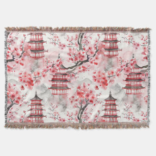 Cobertor Pagoda Chinesa Aquarela com Blossomas de Cereja (9