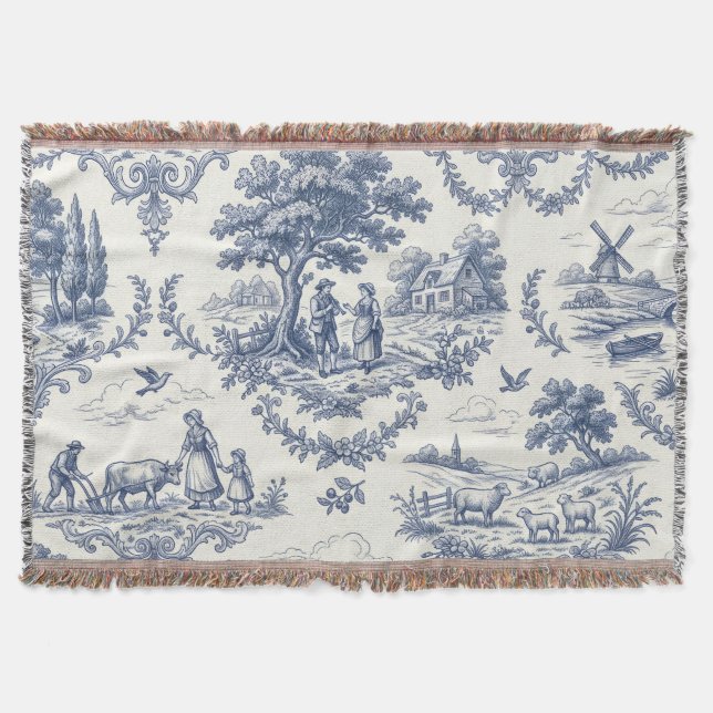 Cobertor País Francês - Toile do Campo Azul e Creme (Frente)