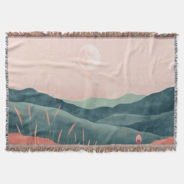 Cobertor Paisagem da Montanha Boho Lua Rosa Verde (Frente)