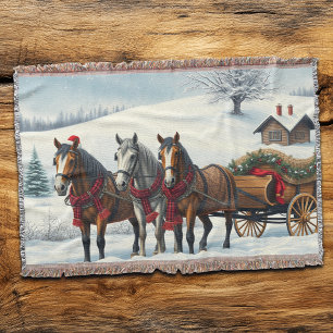 Cobertor Paisagem de inverno com Cavalos e Cabina
